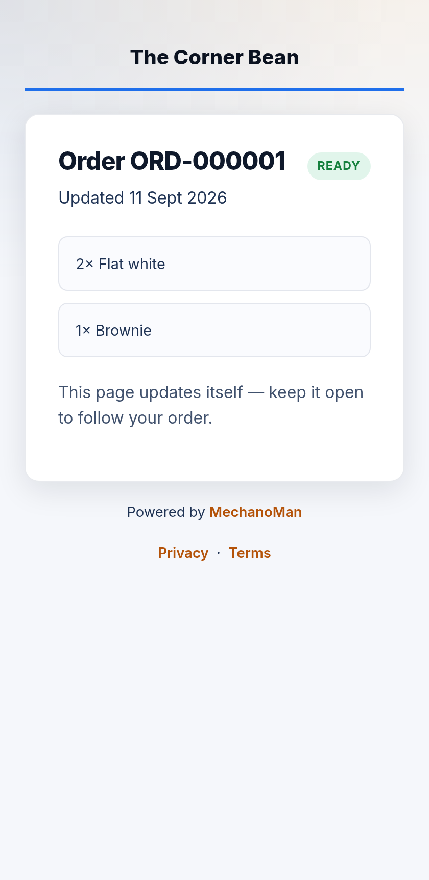 The login-free tracking page branded The Corner Bean: order ORD-000001, two flat whites and a brownie, status READY, updating itself